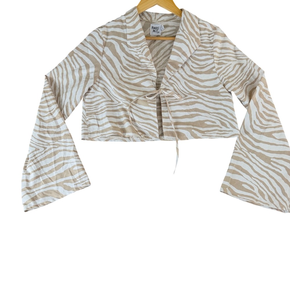 Princess Polly Zebra Print Crop Top Tan White Tie Front Bell Sleeve Blouse 6